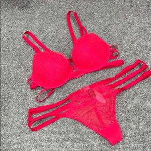 Victoria's Secret Red Lace Strappy Push Up Bra & Thong Set